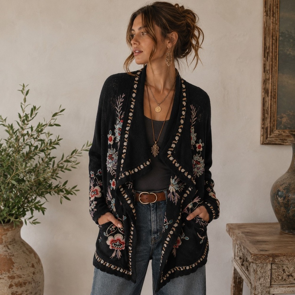 Time for Me Waterfall Cardigan XL Dark Gray Floral Embroidered Boho Artsy Casual